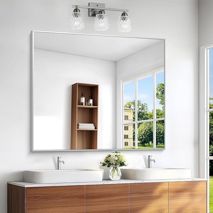 BONEWEI Silver Bathroom Mirror,40x48 inch Wall Mirror for Bathroom Wall Mounted,Large Rectangle Mirror for Bathroom Over Sink,Modern Metal Frame for Living Room,Bedroom Entryway,Horizontal/Vertical