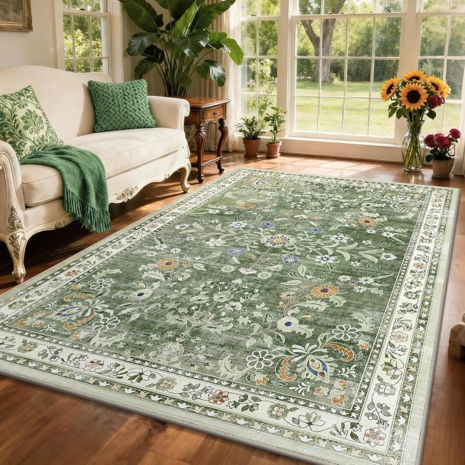Yamaziot Washable Area Rug 6x9, Large Non-Slip Boho Floral Living Room Rug by Yamaziot