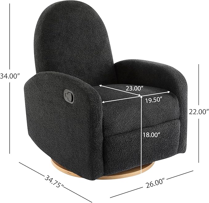 Christopher Knight Home Sidney Fabric Upholstered 360° Swivel Chair, Boucle Push-Back Recliner, Solid Wood Glider Recliner with Rotation, Living Room Lounge Sofa, Adjustable Comfy Reading Chair,Black