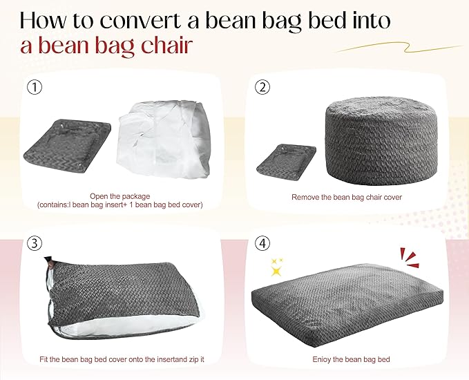 Hobestluk Bean Bag Chair Convertible Beanbag Chairs for Adults, 3 in 1 Bean Bags with Plush Chevron Cover, Adult Bean Bag Chair for Living Room, Bedroom (White, Twin)
