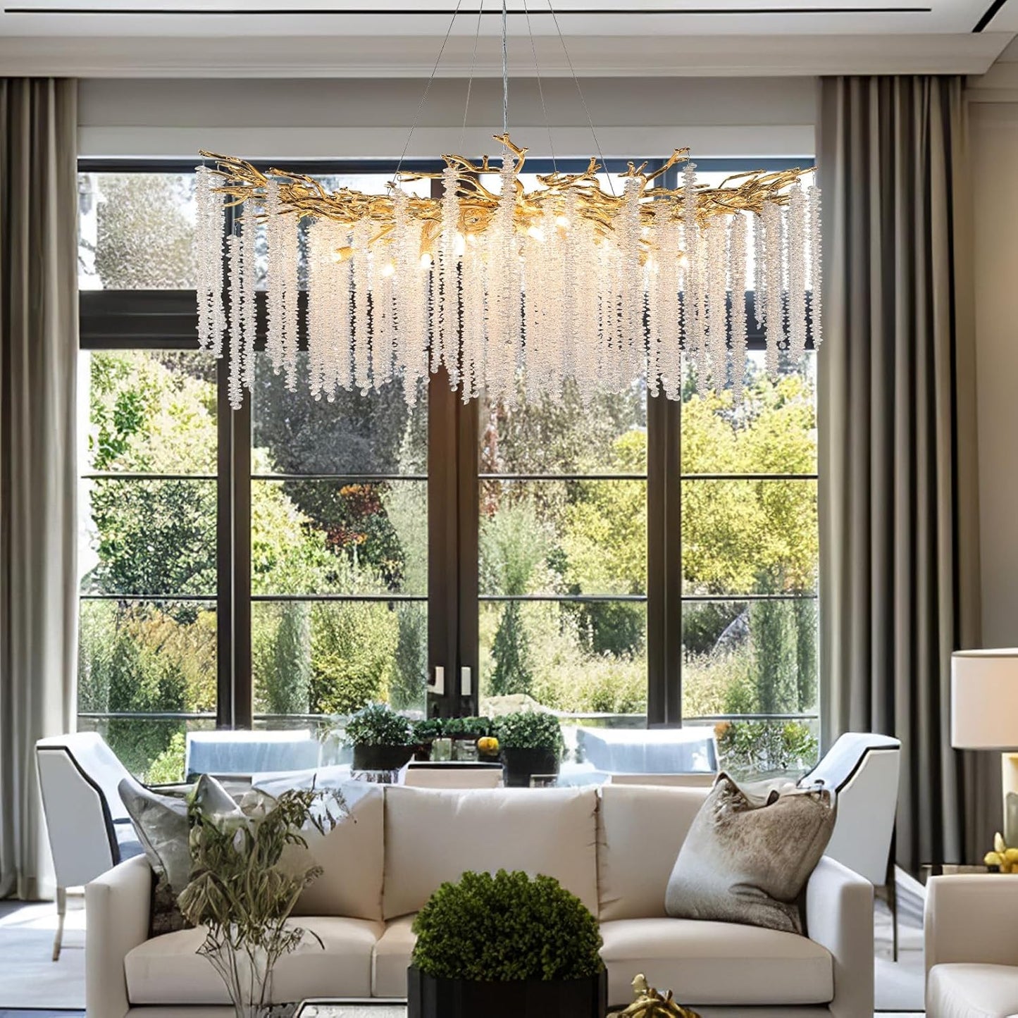 YUYI Modern Crystal Chandelier, 47.2" Gold Tree Branch Chandelier for Dining Room, Round Luxury High Ceiling Chandeliers Pendant Light Over Table, Hanging Fixture for Bedroom, Living Room, Kitchen