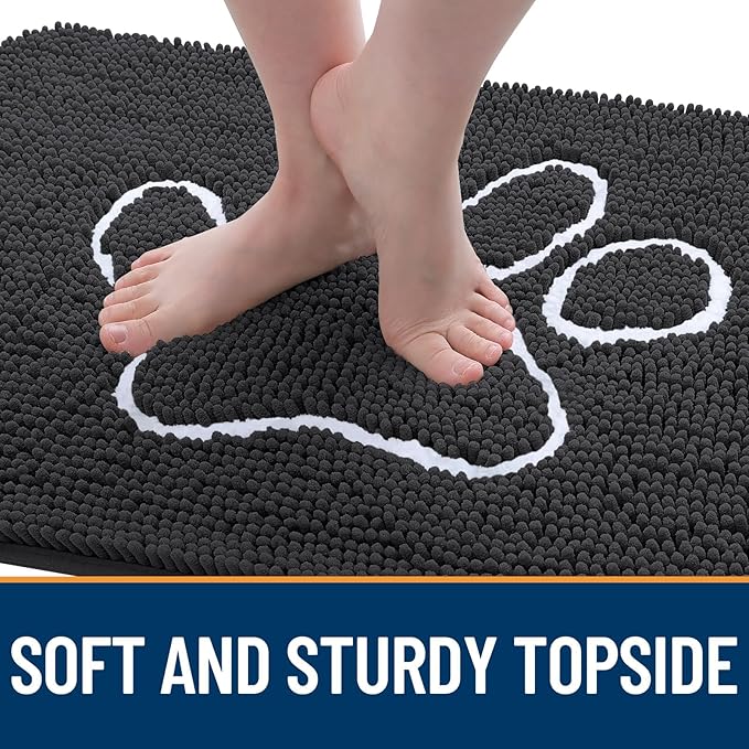 OLANLY Door Mat for Muddy Dog Paws 48x30, Ultra Absorbent Chenille Mud Doormat with Paw Print Design, Non-Slip Washable Doormat for Indoor Entryway, Quick-Dry Pet Bed Mats for Dirty Dogs, Dark Grey