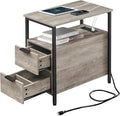 VASAGLE Side Table with Charging Station, Narrow End Table with 2 Drawers, Slim Nightstand and Bedside Table with Storage, for Small Spaces, Greige + Black