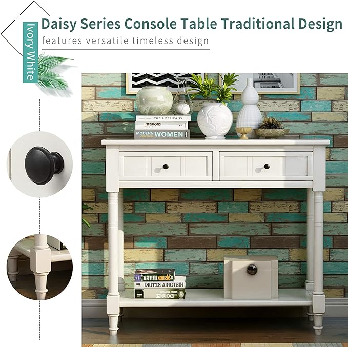 Merax Classic Wood Narrow Console Table with Drawers and Bottom Shelf for Entryway Hallway Front Door Ivory