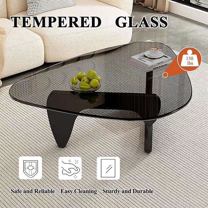 Mid Century Modern Glass Coffee Table for Living Room, Small Coffee Tables, Suitable for Bedroom Living Room Reception Office Tables（Black/Grey，Medium）
