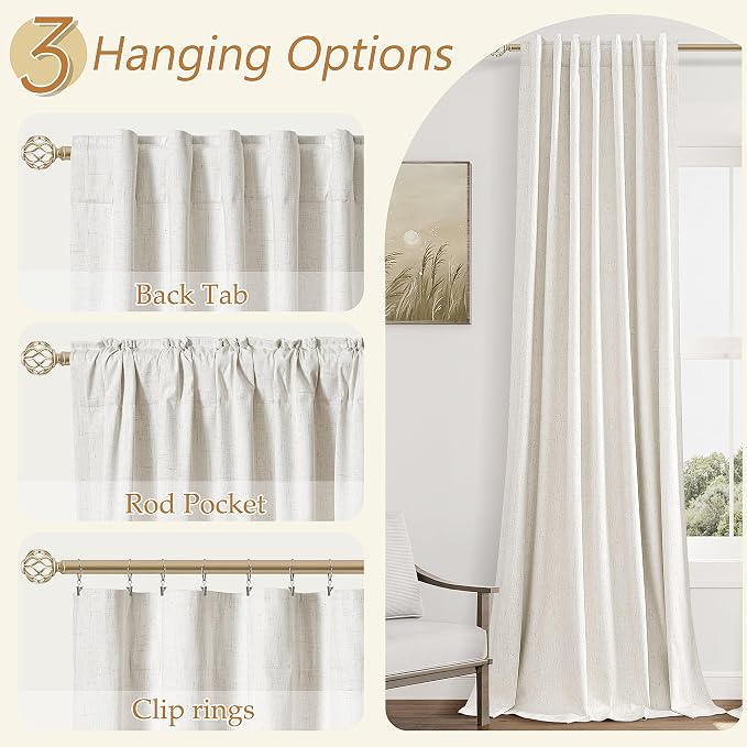 Beige White 100% Blackout Linen Curtains 90 Inch Length 2 Panels Set - Image 6