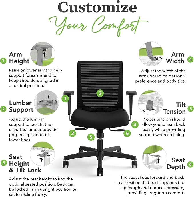 HON Convergence Ergonomic Office Chair, Breathable Back Support Mesh, Adjustable Arms, Computer Chair with Lumbar Support, Rolling Swivel Wheels, Comfortable Synchro-Tilt Recline, Fabric, Apricot