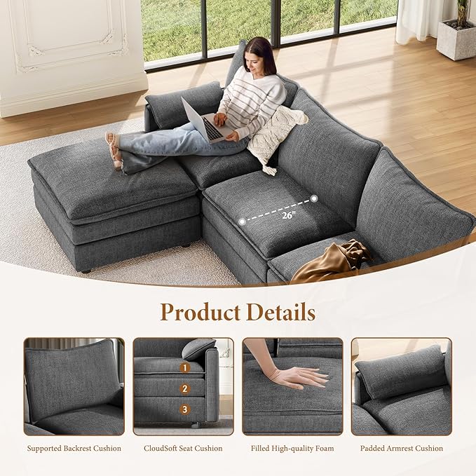 Vesgantti Large Modular Sectional Sofa, Big Comfy Cloud Couch with Ottoman Deep Seat Chenille Cloud Sofa, 8 Seater Large Sectional Couches for Living Room, Bedroom and Apartment, Gray