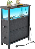 TIQLAB End Table with Charging Station, Narrow Side Table with 2 Fabric Drawers, Nightstand with LED Light, Slim Bedside Table for Bedroom, Living Room, Small Spaces, Black
