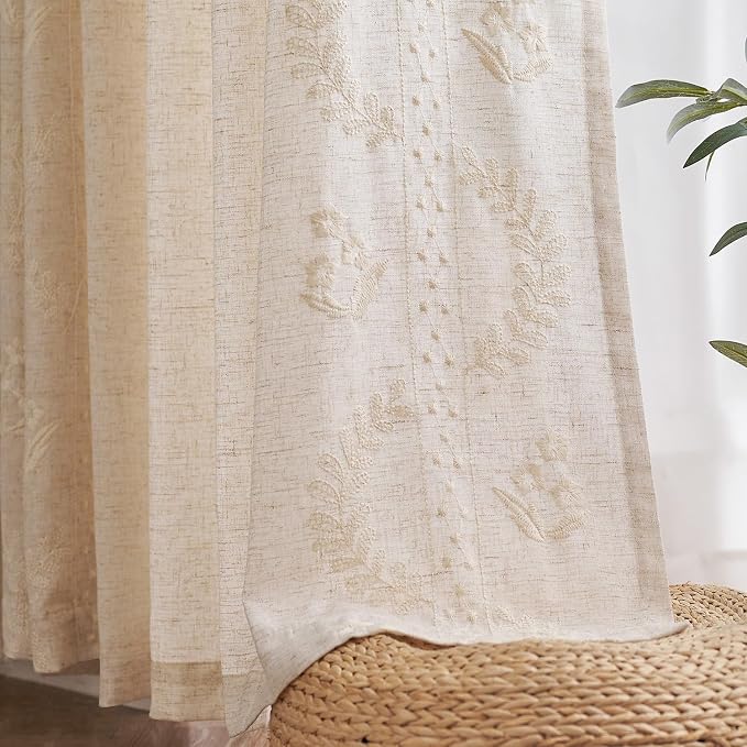 jinchan Belrose Linen Curtains for Bedroom Floral Curtains 63 Inch Length Linen - Image 9