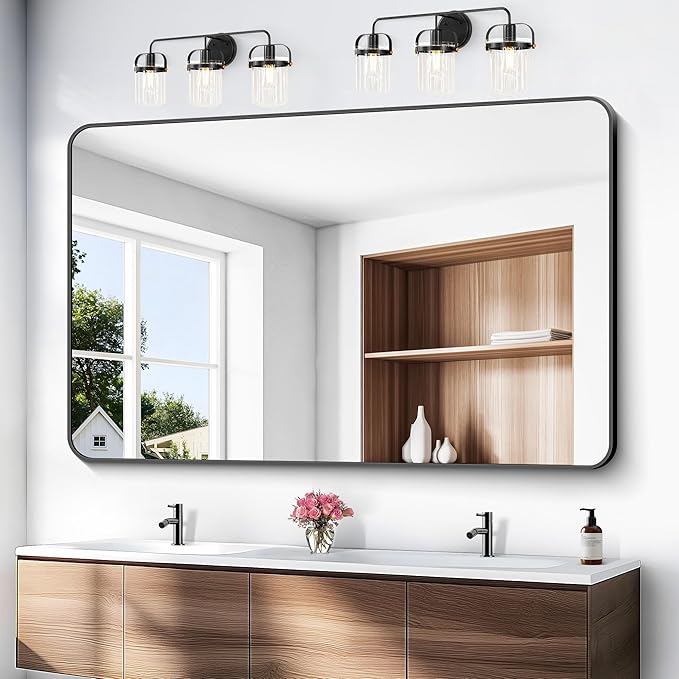 BONEWEI Black Bathroom Mirror,60x40 inch Wall Mirror for Bathroom Wall Mounted,Rectangle Mirror for Bathroom Over Sink,Modern Frame Round Corner for Living Room,Bedroom Entryway,Horizontal/Vertical