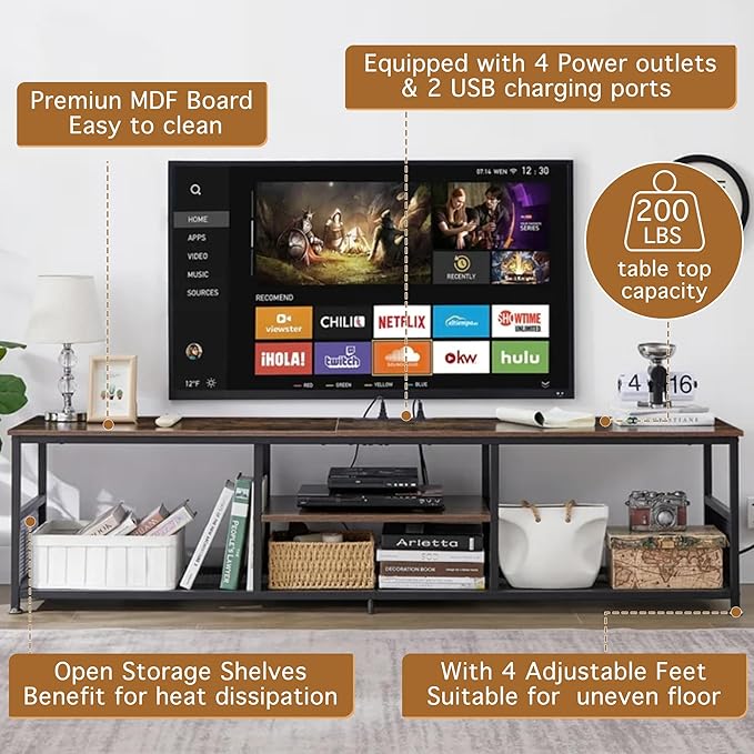 VECELO TV Stand with Power Outlets for Televisions up to 65Inch, 55" Media Entertainment Center with Charging Station 3-Tier Open Storage Shelves with Metal Frame for Living Room/Bedroom，Brown