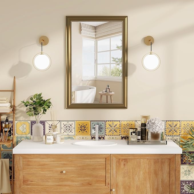 Axeman 24x36 Rectangular Wall Mirror, Decorative Bathroom Mirror, Traditional Vintage Wall Mounted Mirror with Beaded Frame for Accent Living Room Vanity Bedroom Entryway, Gold