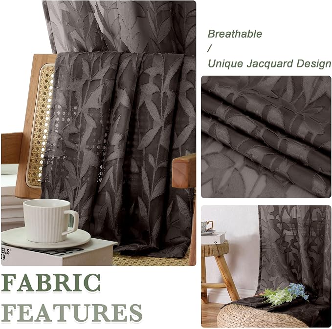 Lecloud Leia Jacquard Textured Chocolate Brown Semi Sheer Curtain 45 Inch Length - Image 9