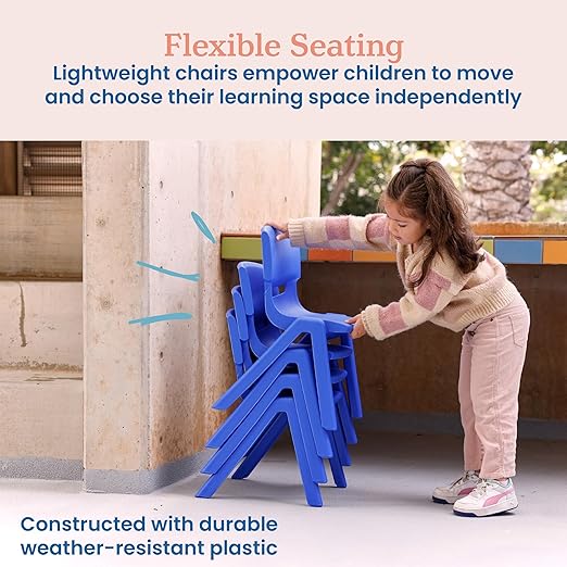 ECR4Kids 12in Plastic School Stack Chair, Classroom Furniture, Blue, 4-Pack