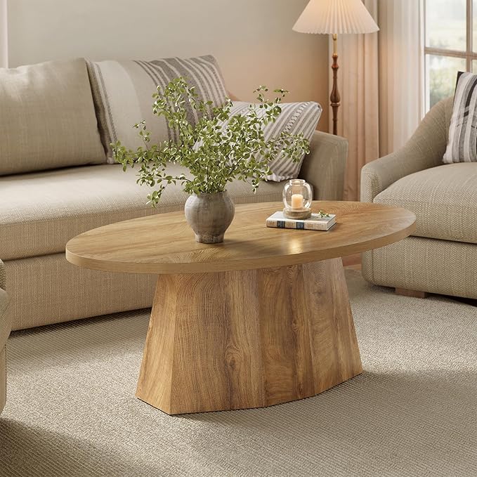 Oval Coffee Table, 47-Inch Living Room Table with Polygonal Pedestal, Modern Center Accent Furniture, Child-Friendly, Easy to Assembly, Yellowish Brown