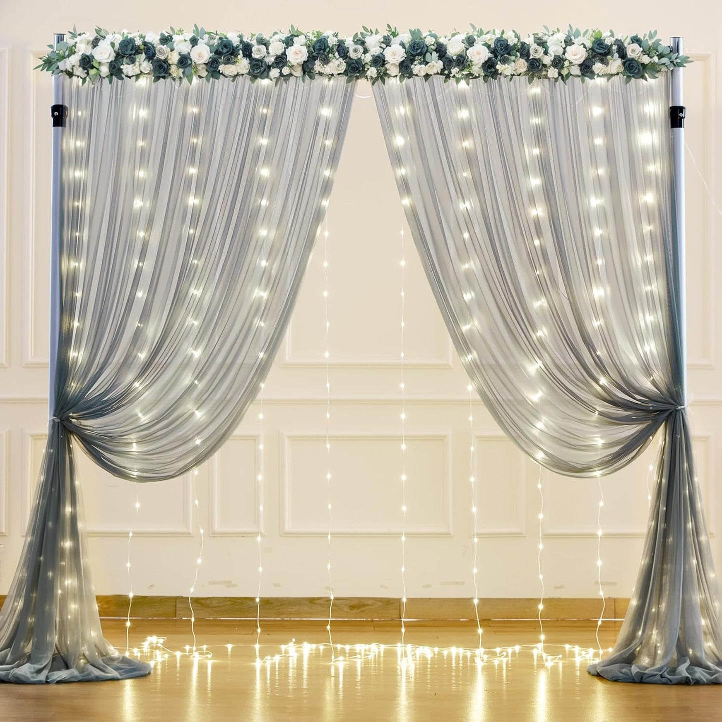 Silver Grey Tulle Backdrop Curtain with Lights String for Parites 10x8ft Sheer Backdrop Curtains for Birthday Party Bridal Shower Baby Shower Wedding Ceremony Prom Photo Booth Background Decorations