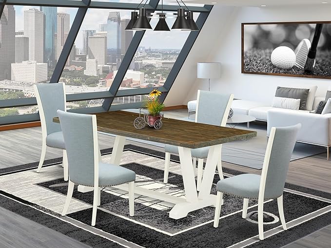 East West Furniture V077VE215-5 5 Piece Dining Set Includes a Rectangle Dining Room Table with V-Legs and 4 Baby Blue Linen Fabric Upholstered Chairs, 40x72 Inch, Multi-Color