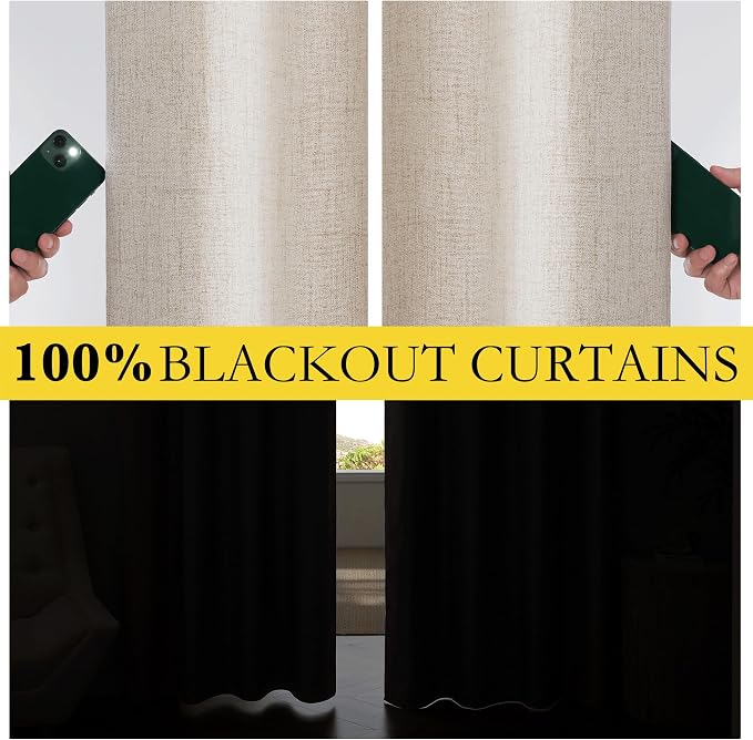 NICETOWN Oatmeal Thick Linen Blend 100% Blackout Curtains 63" Long 2 Panels Set - Image 3