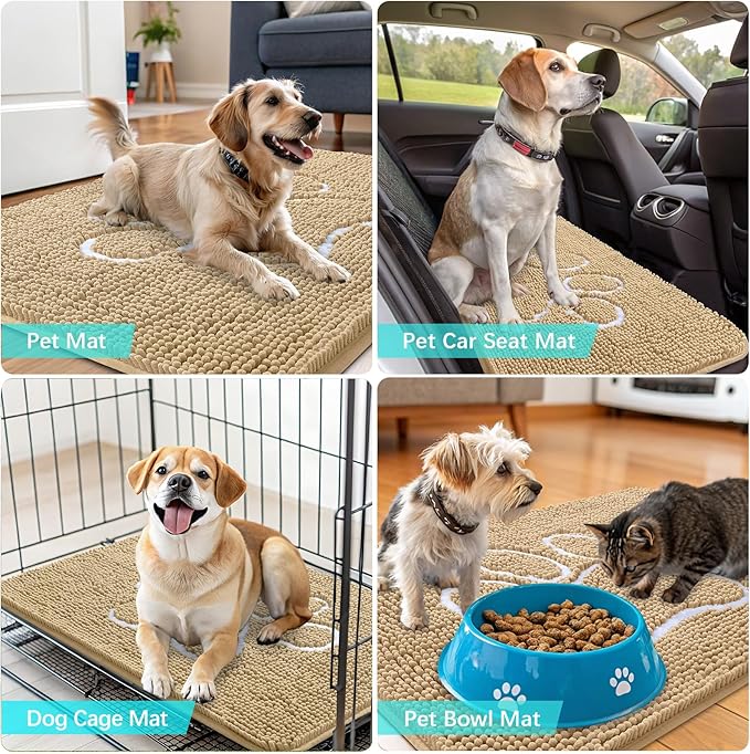 OLANLY Door Mat for Muddy Dog Paws 24x16, Ultra Absorbent Chenille Mud Doormat with Paw Print Design, Non-Slip Washable Doormat for Indoor Entryway, Quick-Dry Pet Bed Mats for Dirty Dogs, Beige