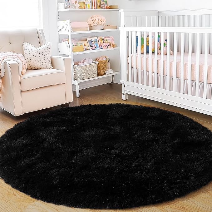 3'x3' Black Round Rug for Bedroom, Ultra Soft Fluffy Circle Rug for Kids Girls - Image 8
