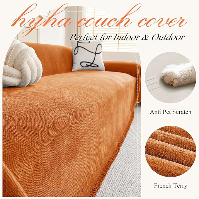 hyha Couch Cover for Dogs, Boho Sofa Covers for 3 Cushion Couch Washable, Chenille Sofa Slipcover for Pets, Soft Loveseat Sectional Couch Throw Blankets with Tassels (Orange, 71x134 Inch)