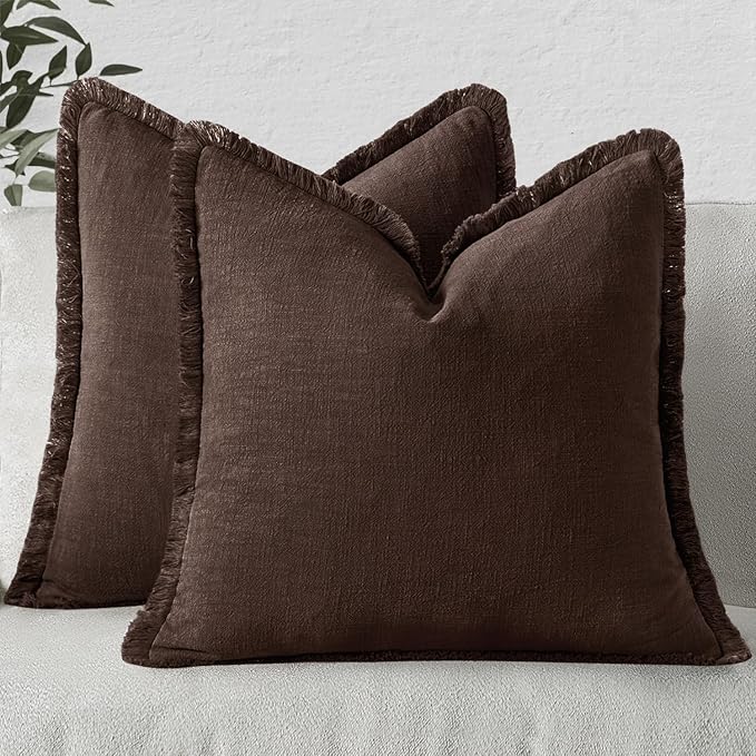 MIULEE Decorative Throw Pillow Covers Neutral Linen Fringe Throw Pillows Euro by MIULEE