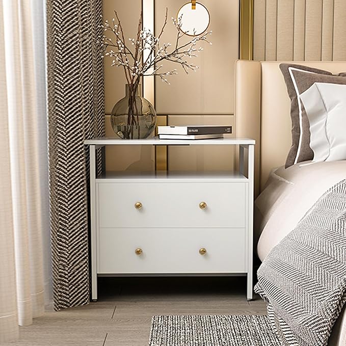 27 inch Wide Nightstand with Charging Station, Bedside Table with Open Shelf, 2 Drawers Small Wood Dresser, End Side Table for Bedroom (White)