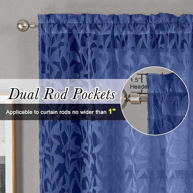 Lecloud Leia Dusty Blue Sheer Kitchen Curtains 30 Inch Length 2 Panels Set - Image 2