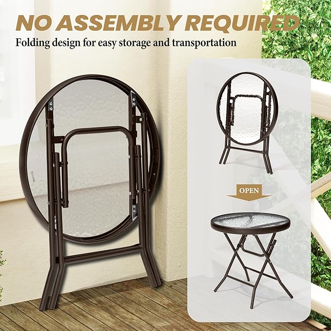 Foldable Side Table with Tempered Glass Top 18" Outdoor Folding Side Table Small Glass Patio Tables for Porch Yard Balcony Deck Lawn Dining Garden (Brown)