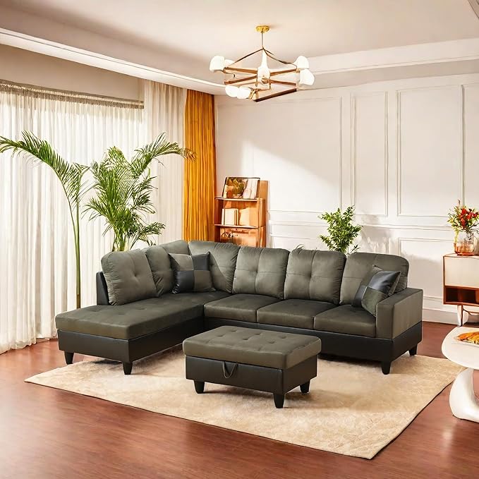 L Shaped Sectional Sofa with Ottoman, Color Blocking Flannel Leather Right Facing Modern Couches for Living Room, Bedroom, Office, Taupe
