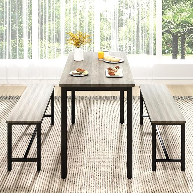 Rovibek Dining Table Set for 4 with 2 Benches – Space-Saving Kitchen Table Set for Kitchen & Dining Room, Grey