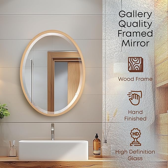 OVALCREST - Oval Wooden Beveled Wall Mirror for Home Decor, Bathroom, Vanity, Bedroom, Living Room, Hallway - London Style (Gold Paint) 13.1 x 17.1