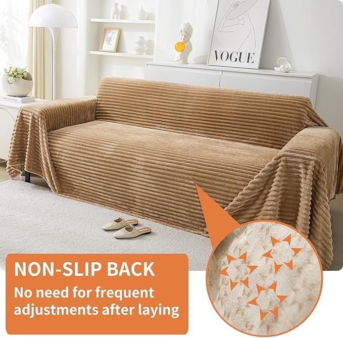 HAOMAIJIA Faux Fur Sofa Covers Couch Covers for 3 Cushion Couch Sofa Pet Friendly Soft Non Slip Couch Cover for Dogs Washable Sectional Couch Covers L Shape Furniture Protector (Khaki, 91"x150")