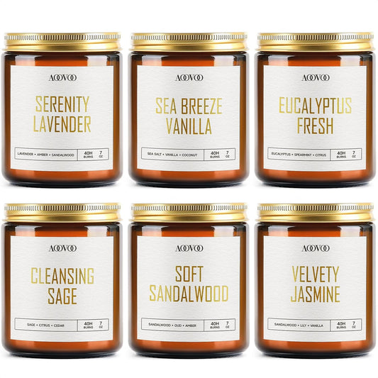 AOOVOO Candles Set - 6PC Scented Candles, Soy Candle, Aromatherapy Candle, Soy Wax Candle, Candle for Home Scented, Lavender/Vanilla/Eucalyptus/Sage/Jasmine/Sandalwood