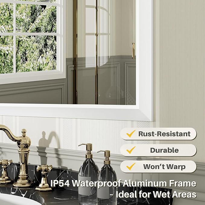 55x36 Inch White Bathroom Mirror for Wall, Thick Metal Framed Rectangle Mirrors for Over Sink, Bedroom, Living Room, Entryway, Anti-Rust, HD Tempered Glass