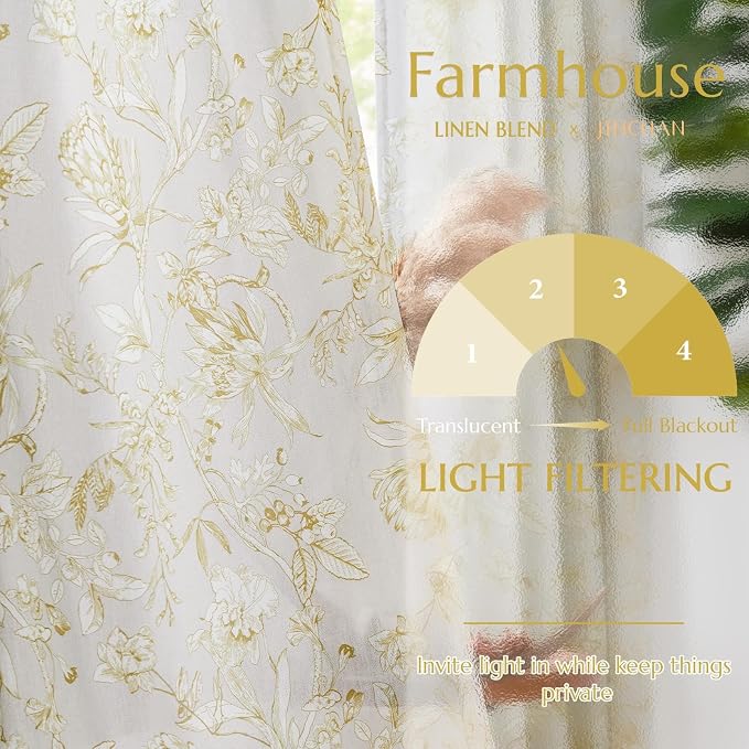 jinchan Floral Curtains 90 Inch Length Mustard Yellow Flower Linen Farmhouse - Image 3