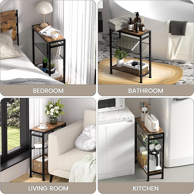 Small Side Table Set of 2 for Small Space, 3-Tier Narrow End Table with Magazine Holder, Slim Nightstand, Skinny Snack Couch Table in Living Room, Bedroom and Balcony (Rustic Brown &Black)