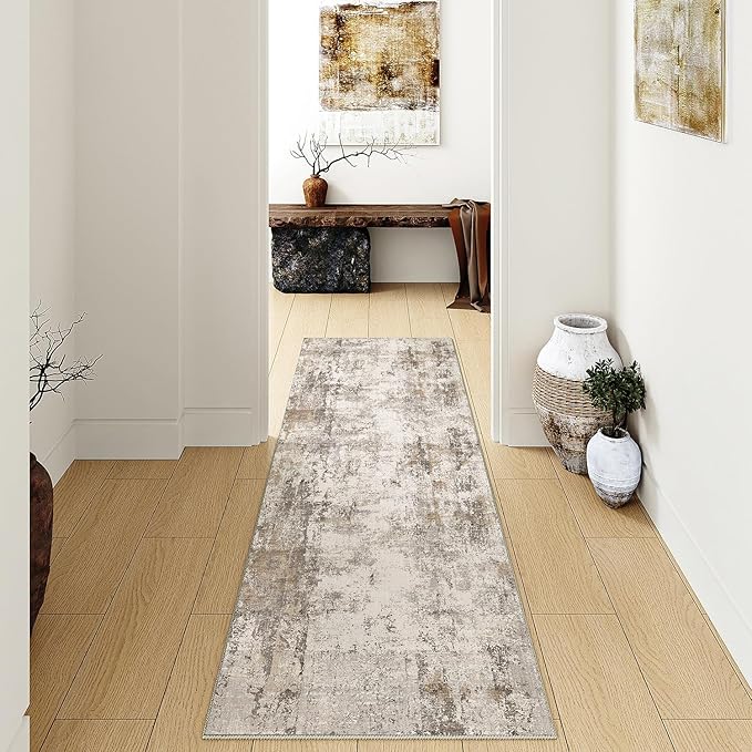 3x10 Washable Runner Rug Brown Grey Neutral Abstract Hallway Kitchen Living Room Bedroom Non Slip Throw Rug Soft Low Pile Indoor Carpet for Entrance Laundry Bathroom
