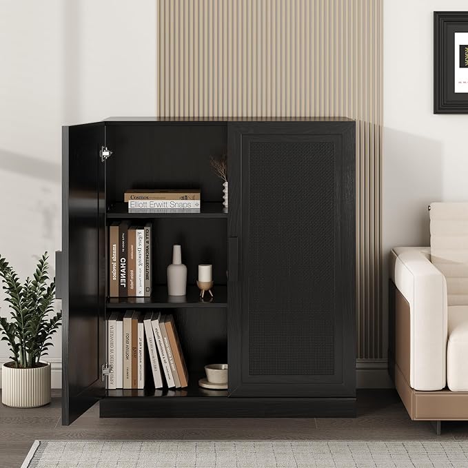 Buffet Cabinet, 2-Doors Sideboard Cabinet with Rattan Panels, Buffet Console Accent Table for Hallway Entryway Dining Room, 36", Black