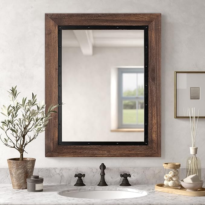 YOSHOOT Rustic Wooden Framed Wall Mirror, 30"x20", Natural Wood and Iron Bathroom Vanity Mirror for Farmhouse Decor, Vertical or Horizontal Hanging