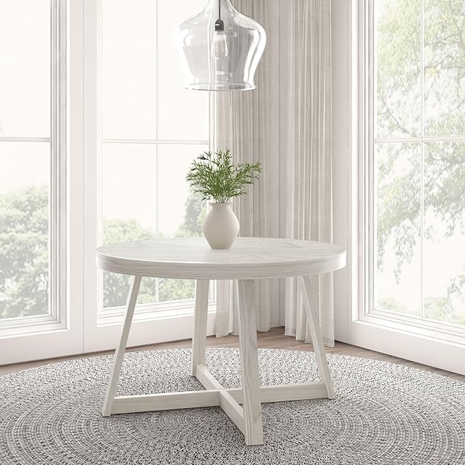 Plank+Beam Round Dining Table, 47 Inch Solid Wood Kitchen Table, Farmhouse Round Table for 4, Small Dinette Table, White Sand Wirebrush