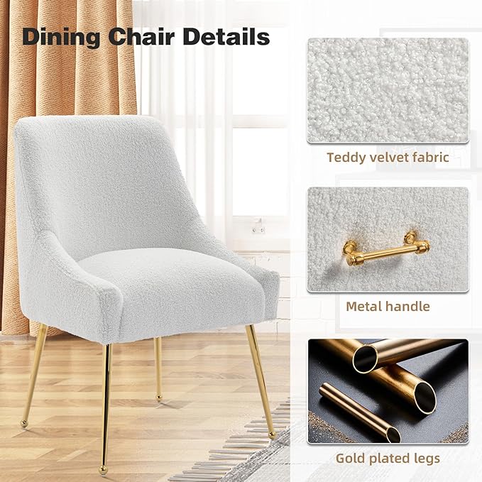 Dining Chairs Medieval Modern Restaurant Chairs, Soft Cushions, Teddy Velvet, Polished Gold Metal Legs, Kitchen Chairs, Living Room White 2-Piece Set