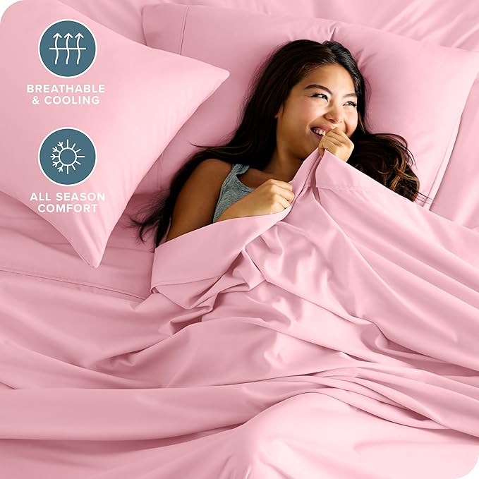 Bare Home Split Head Flex King Sheet Set - 1800 Ultra-Soft Microfiber Bed Sheets - Double Brushed - Deep Pockets - Easy Fit - 4 Piece Set - FlexTop King Bedding (Split Head Flex King, Light Pink)