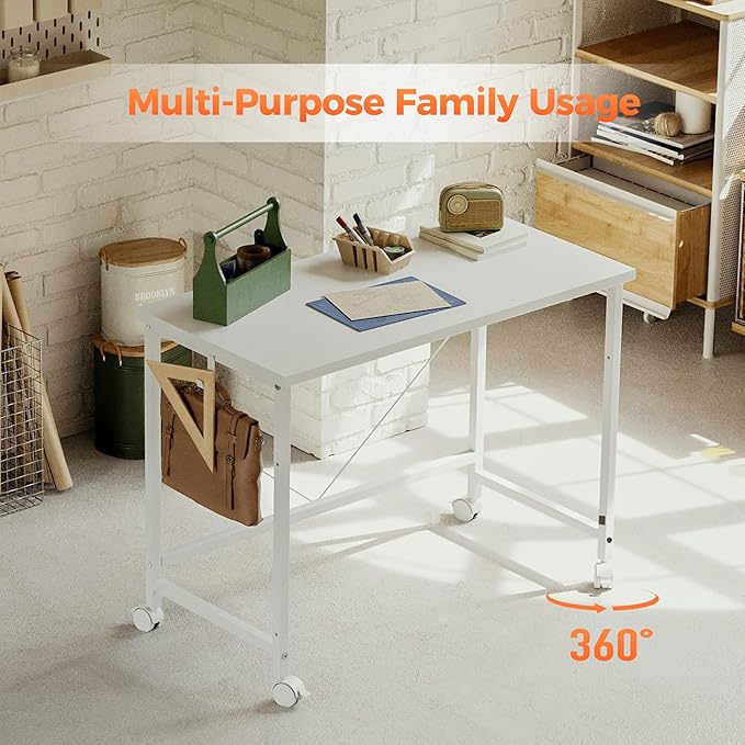 Rolling Computer Desk with Wheels, Gaming Desk for Small Spaces, Modern Simple Style Table for Home Office, Study Writing Table (Caster, White, 48 inch)