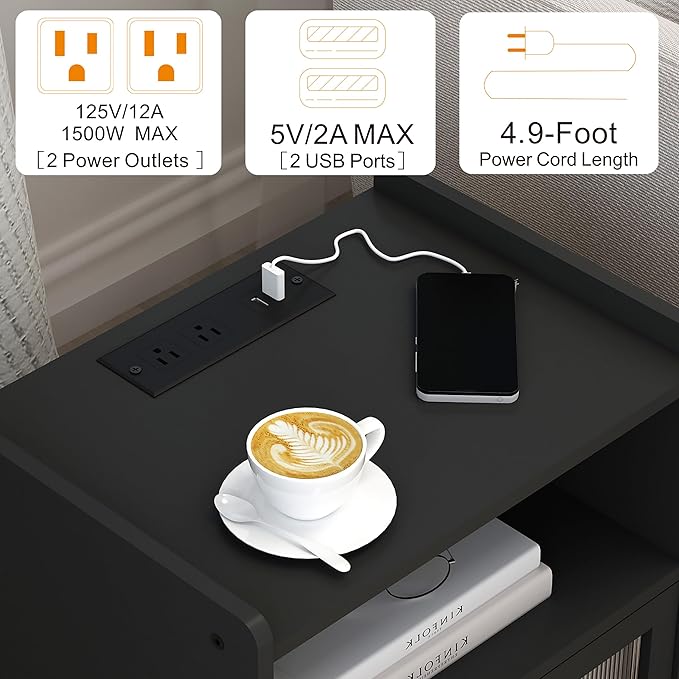 Nightstand with Charging Station, Bedside Tables Set of 2, End Table Side Table with 2 Tiers Storage Space, for Bedroom, Living Room, Black MLBZ07BEV-2