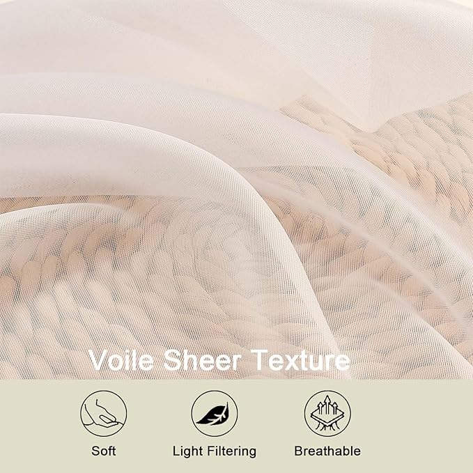 Cream Sheer Curtain for Bedroom Living Room 72 Inches Long 2 Panels Set - Image 3