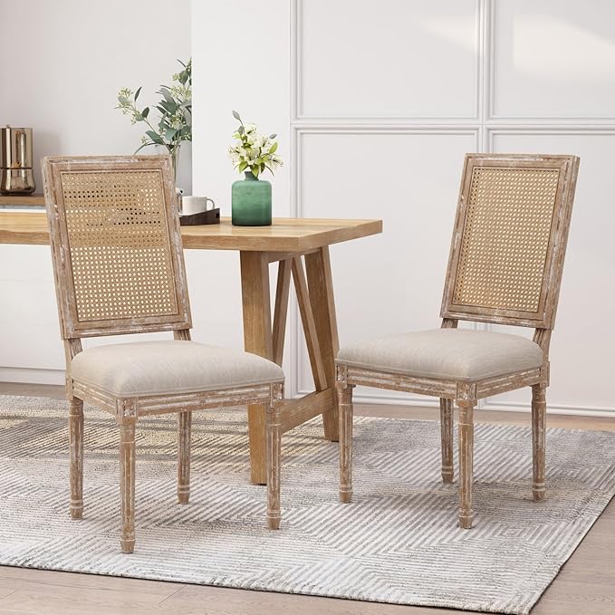Merax Upholstered Solid Wood Dining Chairs Set of 2, French Country Style Accent Side Seating Furniture for Kitchen, Living Room, Wicker Back, Beige