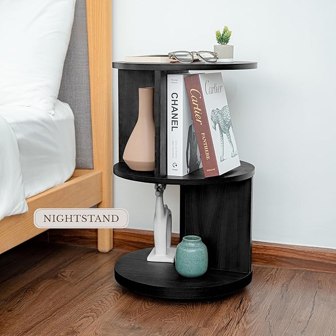 KAYMILY Living Room Side Table, Office Round Bookshelf End Table, Bedroom Mid Century Modern Nightstands, Contemporary Accent Tables - Easy Assembly - MDF Wood - Revolving - Black