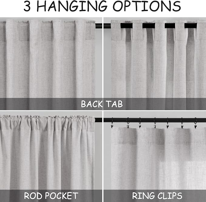 Nanspring Grey Linen Semi Sheer Curtains 72 Inches Long 2 Panels Set - Image 3